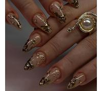 24Pcs French Tip Press on Nails Almond Medium Length, 3D Sun Moon Fake Nails with Designs, Gold Shiny False Nails Kit, Supremely Fit & Natural Reusable Stick On Nails for Women, 12 Sizes