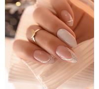 24pcs French Tip Press On Nails Almond Shape False With Elegant Glitters Stripe Pattern Decoration On Nail