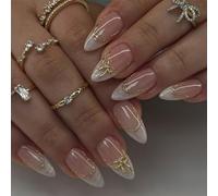 24Pcs French Tip Press on Nails Almond - White Tip False Nails with Gold Sripe Bow Design - Glossy Full Cover Fake Nail Tips with Glue - Acrylic Stick on Nails Glue on for Women Girls Nail Art