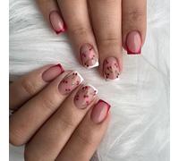 24Pcs French Tip Press on Nails Court, Nude French Pink Rand Ongles artificiels avec design cherry, Glossy Angles Ongles artificiels Press on Nails avec colle à ongles