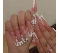 24PCS French Tip Press On Nails Long Square - Acrylic Handmade 3D Pink False Nails with White Bow Rhinestones Designs - Fake Nails Stick On Nail Full Cover French Glue on Nails for Women Nail Art DIY