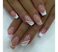 24Pcs French Tip Press On Nails Long Square Fake Nails French Acrylic Nails White Tip Artificial Nails For Women