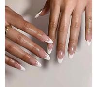 24pcs French Tip Press on Nails - Long White Edge Fake Nails - Glue on Nude Removable Stick on Nail Art Accessories for Women and Girls