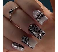 24Pcs French Tip Press on Nails Medium Square Soft Gel False Nails Grey Leopard Reusable Glossy Full Cover Artificial Stick on Nails for Women Girls Manicure Decoration