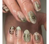 24PCS French Tip Press On Nails - Short Almond Shape with Glitter Green Shine, Chrome Gold Line and Sun Design, ABS Material with Accessory Tools for Women, Summer DIY Manicure