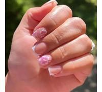 24PCS French Tip Press on Nails - Short Square Shape with Pink & White Glossy Hibiscus Design - Full Cover Acrylic False Nails for Women - Stick On Nail Set with Manicure Tools Included
