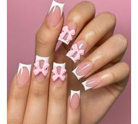 24PCS French Tip Press-On Nails with Pink Bowknot Design - Elegant Short Fake Nails, 12 Sizes for a Custom Fit, Glossy Finish, Square Shape White French Tip Pink 3D Bow Embellishments