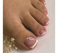 24Pcs French Tip Press on Toenails - Short Square Fake Toe Nails with White Floral Design, Includes Jelly Adhesive Tabs, Elegant Full Cover ABS Nails, Quick 3-Minute DIY Application
