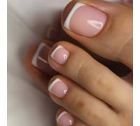 24Pcs French Tip Press On Toenails - Short Square Nude Pink False Toe Nails with White Tips - Full Cover Acrylic Fake Toenail Set for Women Girls - DIY Nail Art Manicure Kit
