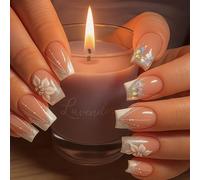 24PCS French White Glitter Nail Tips with 3D Floral & Rhinestone Design, Medium Coffin Shape - Easy Application with Jelly Adhesive Tabs for Women & Girls Fashion Nail Art, Sophisticated and Elegant