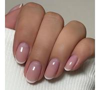 24PCS French White Press on Nails - Short Oval Shape with Nude Pink Base - Full Cover Fake Nails for Women - Classic French Tip Design - Includes Accessory Tools - Easy Summer DIY Manicure Art