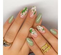 24PCS Fresh Green Aesthetic Press on Nails False Nails - Soft Green with Nude Base, 3D Gel Acrylic Glossy Short Almond French Tip Stick on for Women and girls