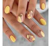 24Pcs Fruit Inspired False Nails - Lemon Pattern with Yellow Polish, Nude Base and Green Leaf Detail in Glossy Oval Full Cover Acrylic Tips - Vibrant Nail Art Look for Women and Girls