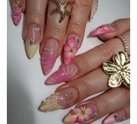 24Pcs Full Cover Accessory Tools on Nails Allmond Shape with Sculpted Floral Art Gold Star Charms Translucent Gradient Shell Design and Rhinestone Details for Dimensional Nail Style
