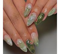 24Pcs Full Cover Accessory Tools on Nails with Jelly Nude Base Green Watercolor Landscape Floral and Fish Design Almond Shape Press on Nails for Elegant Chinese-Inspired Art Style