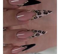 24Pcs Full Cover Accessory Tools on Nails with Leopard and Black Accent Tips Gold Wave Foil Edging Stiletto Shape Nude Glossy Base Press on Nails for Chic Contrast Art Design