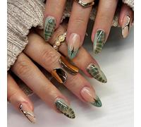 24Pcs Full Cover Jelly Adhesive Tabs on Nails with Green Marble Snake Effect Gradient Nude Base Star Graphic and Gold Metallic Line Design Almond Shape Press on Nails for Unique Statement Look