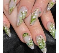 24Pcs Full Cover Jelly Adhesive Tabs on Nails with Jelly Clear Base Botanical Flower Design Green Leaves Pearl and Crystal Embellishment Stiletto Shape Press on Nails for Delicate Hand-Painted Look