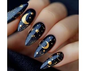 24Pcs Galaxy Almond False Nails Square - Deep Black Night-Sky Base with Gold Moon and Star Details, ABS Material with Jelly Adhesive Tabs, Multiple Sizes Included