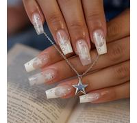 24PCS Galaxy French Press on Nails with Constellation Accents Short, White Chrome False Nails with Jelly Adhesive Tabs - 12 Sizes French Tip with Star Design for Women Girls (Glossy White)