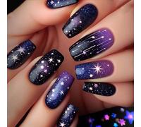 24Pcs Galaxy Gradient Starry Sky Nails Square Rounded - Medium Length Glossy ABS False Nail Tips with Jelly Adhesive Tabs, Manicure Full Cover Set
