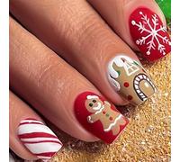 24Pcs Gingerbread Christmas Press On Nails - Red White Short Square Matte False Nails with Snowflake, Candy Cane & Cookie House Designs, Reusable Stick On for Women Holiday Winter Look