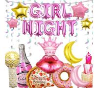 24PCS Girl Night Party Decorations - Girls Night Balloons Banner Crown Lipstick Lip Donut Pizza Star Moon Foil Balloons Garland for Slumber Pyjama Sleepover Spa Theme Party Supplies