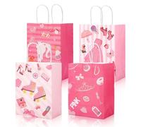 24PCS Girls Pink Goodie Bags with Handlein In Four Different Designs, Candy Paper Bag for Kids Girls Pink Theme Birthday Party, Perfect for Party Supplies and Treat Bags