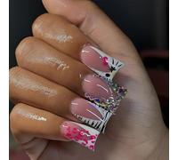 24Pcs Glam Safari Acrylic Press On Nails - Square Tips With Zebra And Leopard Print Design, Rhinestone Butterfly Embellishments For Trendy Nail Art - Durable False With Accessory Tools