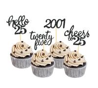 24Pcs Glitter 25th Birthday Cupcake Toppers, 25th Birthday Decorations for Celebrating Twenty-Five Years Old Birthday Party (Black-2001)