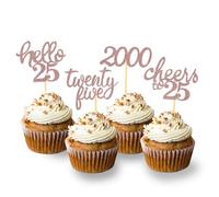24Pcs Glitter 25th Birthday Cupcake Toppers, 25th Birthday Decorations for Celebrating Twenty-Five Years Old Birthday Party (Rose Gold)