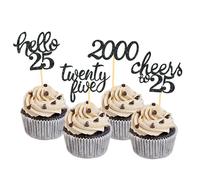 24Pcs Glitter 25th Birthday Cupcake Toppers, Hello 25th Birthday Cake Topper- 25th Birthday Decorations for Celebrating Twenty-Five Years Old Birthday Party (Black2)