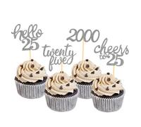24Pcs Glitter 25th Birthday Cupcake Toppers, Hello 25th Birthday Cake Topper- 25th Birthday Decorations for Celebrating Twenty-Five Years Old Birthday Party (Silver2)