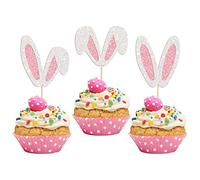 24Pcs Glitter Bunny Ears Cupcake Toppers Easter Rabbit Theme Happy Birthday Cupcake Picks for Bunny Happy Easter Baby Shower Birthday Spring Easter Party Cake Decorations