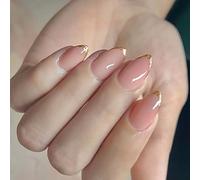 24Pcs Glitter French Press-on Nails Gold Design Middle Length for Special Occasions Easy Apply Manicure Tip Artificial Edges Glitters Almond Glossy False Abs Heart Flame Design Tip Artificial Edges
