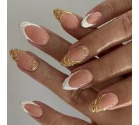 24PCS Glitter French Tip Artificial Nails, Elegant Gold Accent Press Ons, Safe ABS Materials, Application French Tip