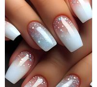 24Pcs Glitter French Tip Press on Nails, Medium Square White Blue Gradient False Nails, Natural Removable Full Cover Fake Nails Stick on in 12 Sizes, Manicure Kit for Women Girls Daily Wear