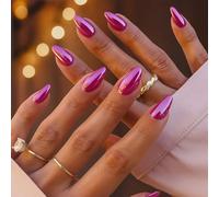 24PCS Glitter Fuchsia Pink Press On Nails Almond Shape - Mirror Chrome Effect False Nails with Glossy Finish, 12 Sizes for Fit - Long Fake Nails with Tools for Easy Application (Glitter Pink)