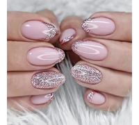 24PCS Glitter Pink Press On Nails - Acrylic Short French Tip Almond Shape With Adhesive Nail Tab False Nails Set For Women - Ombre Design Reusable Art ABS Material Easy Removal