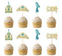 24Pcs Glitter Princess Cake Topper Set with Lake Blue Castle Gold Happy Birthday Cake Toppers Jasmine Crown Cupcake Topper for Arabian Princess Birthday Baby Shower Costume Summer Party Decor