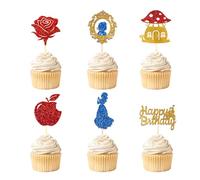 24Pcs Glitter Princess Cake Topper Set with Royal Blue Castle Happy Birthday Cake Toppers Red Rose Apple Cupcake Toppers for Princess Birthday Winter Wonderland Forest Baby Shower Party Decor