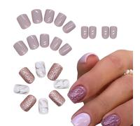 24PCS Glitter Short False Nails with Adhensive Tabs, Purple&White Smudge Nail Art, Elegant Artificial Nails Shiny Nails Removable Press on Nails Stick On Nails Full Cover Fake Nails for Women Girls