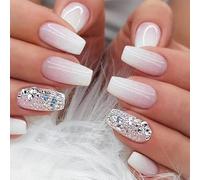 24Pcs Glitter Silver Pink Short Coffin False Nail Tips with Rhinestone, Full Cover Press-On Nail Tips for Women with Removable Adhesive