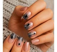 24Pcs Glitter Spider Acrylic Press On Nails - Square Tips With Black Gradient Sparkle And Creepy Spider Design For Halloween Party Nail Art - Durable False With Gelly Adhesive Tabs