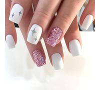 24PCS Glitter Square Press On Nails, Pink Sparkle and Grey Star Design, Medium Length Fake Nails Set, Elegant Full Cover Acrylic Nails in Multiple Sizes, Easy DIY & Long-Lasting Wear