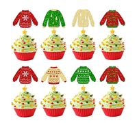 24Pcs Glitter Ugly Sweater Cupcake Toppers Gold Green Red Christmas Tree Deer Snowflake Cupcake Picks Winter Merry Christmas Theme New Year Holiday Party Cake Decorations Supplies
