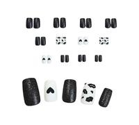 24pcs Glittering Black And White Press On Nails Square Shape False Nails With Elegant Heart Lips Print Designs For Women Easy To Apply Faux Nail