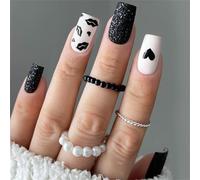 24pcs Glittering Black And White Press On Nails Square Shape False Nails With Elegant Heart Lips Print Designs For Women