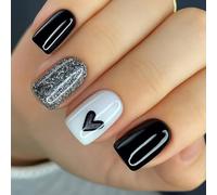 24PCS Glitters False Nails Black Heart Design Press on Artificial Nails Long Last ABS Build for Women Party False Nail