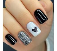 24PCS Glitters False Nails Black Heart Design Press on Artificial Nails Long Last ABS Build for Women Party Sweet Nail